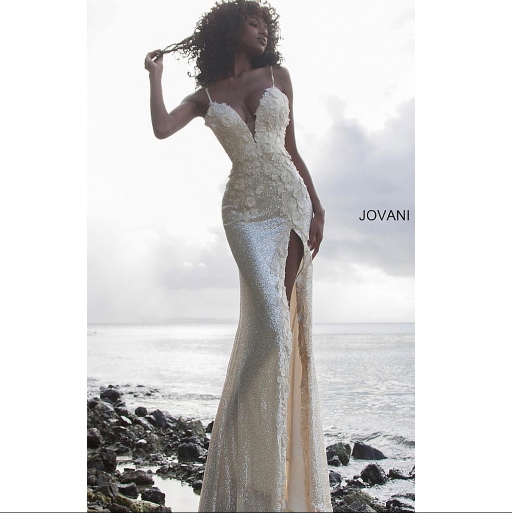 Jovani 1012 Floral Appliqué Backless Prom Dress